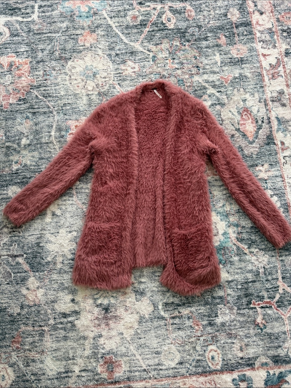 Free People Open-Front Fuzzy Cardigan in Rose